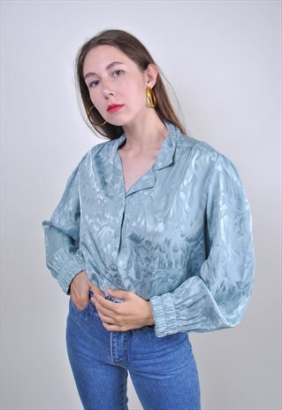 VINTAGE BLUE PATTERN EVENING FORMAL SUIT BLOUSE