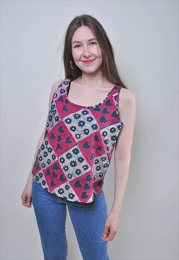 Vintage cute sleeveless blouse, retro summer pink  shirt 