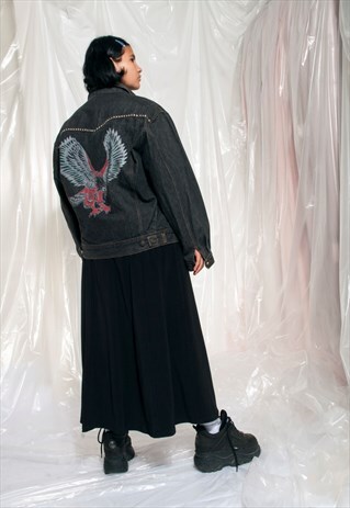 VINTAGE DENIM JACKET 80S EAGLE PRINT WESTERN UNISEX OVERSIZE