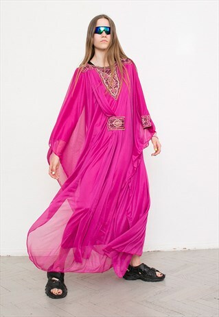 VINTAGE KAFTAN DRESS MAXI FUCHSIA PINK BATWING ARABIAN NIGHT