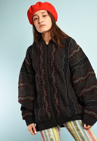 VINTAGE 80S ABSTRACT PATTERN OVERSIZED KNIT CARDIGAN JACKET