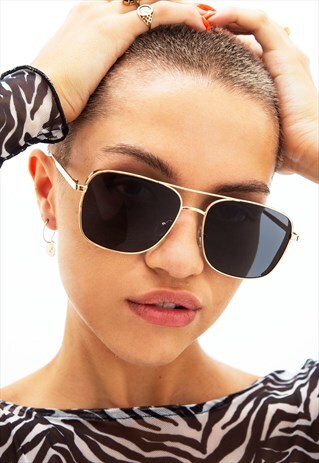 ELVIS - SQUARE AVIATOR GOLD AND BLACK METAL FRAME SUNGLASSES