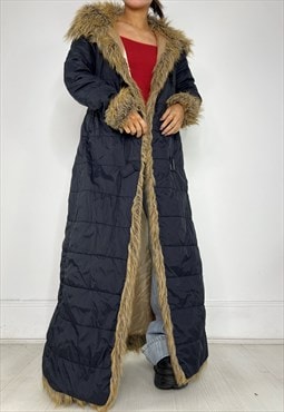Vintage Y2k Coat Puffer Maxi Long Faux Fur Trim Streetwear