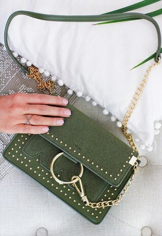 KHAKI GREEN GOLD STUDDED CHAIN CROSS BODY SHOULDER BAG