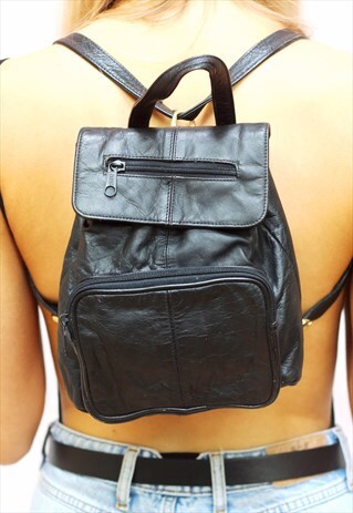 1990S VINTAGE BLACK REAL SOFT LEATHER MINI BACKPACK