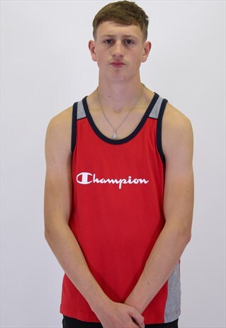 VINTAGE CHAMPION SPELL OUT VEST T-SHIRT IN RED LARGE
