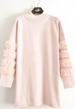 Faux Fur sleeves design Jumper in pink