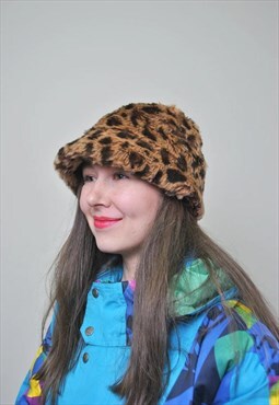 Leopard bucket hat, women vintage winter rave hat