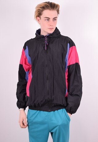 MENS VINTAGE TRACKSUIT TOP JACKET LARGE BLACK 90'S