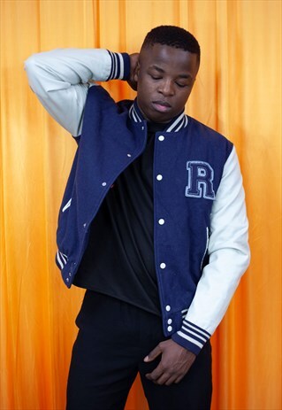 VINTAGE 90S BASEBALL JACKET BLUE WHITE LEATHER SLEEVE STRIPE