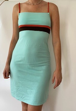 Vintage Y2K Blue Stripe Stretchy Cami Summer Dress Medium