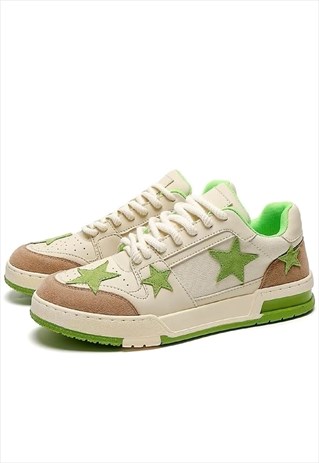 Star patch trainers faux suede leather sneakers green white