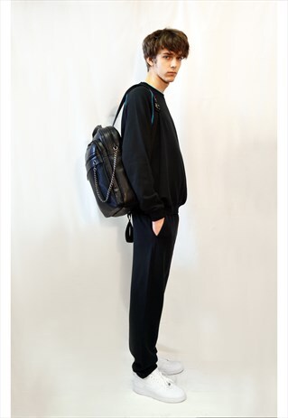 COTTON FLEECE TRACKSUIT WITH BLUE LINE DESIGN (BLACK) CY