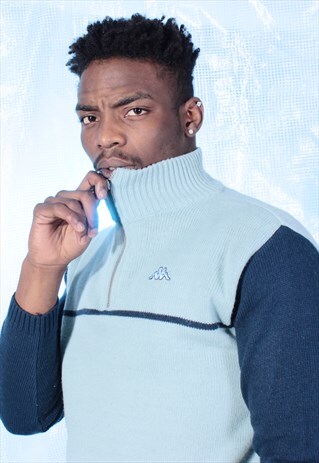 VINTAGE KAPPA BABY BLUE AND NAVY 1/4 ZIP KNITTED JUMPER