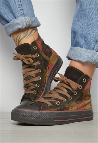 90S CONVERSE BROWN & BURGUNDY SUEDE PATCHWORK HI-TOPS GRUNGE