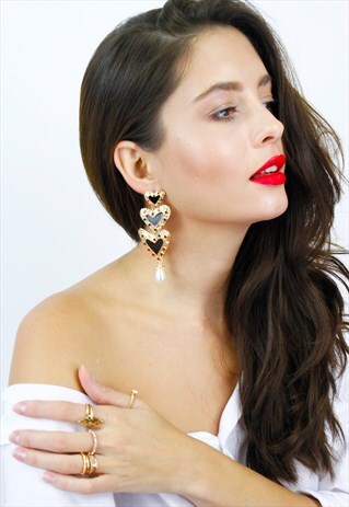 BLACK MULTI COLOUR DIAMANTE PEARL DROP DANGLE EARRINGS