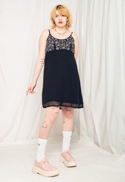 Vintage Slip Dress Y2K Sheer Flower Power Mini in Black