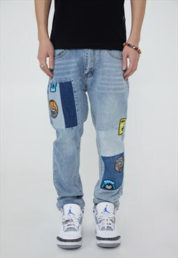 Two color jeans multi patch emoji denim pants in blue
