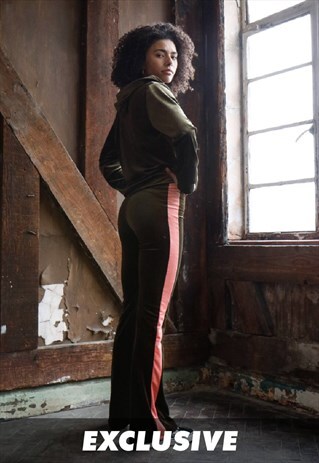 EXCLUSIVE KHAKI CONTRAST VELVET FLARES
