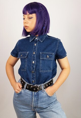 VINTAGE 90'S Y2K INDIGO BLUE DENIM SHIRT / BUTTON-UP TOP