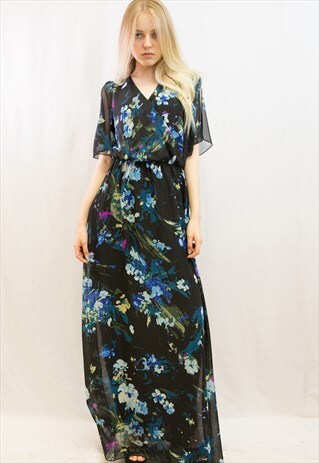 MULTI BLUE COLOR FLORAL PRINT WRAP CHIFFON MAXI DRESS