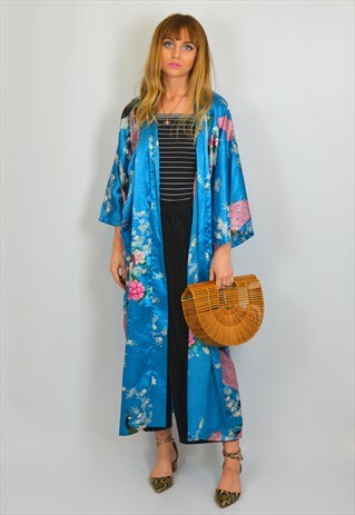 VINTAGE 90S BLUE PATTERN SATIN BOHO LONGLINE KIMONO GOWN