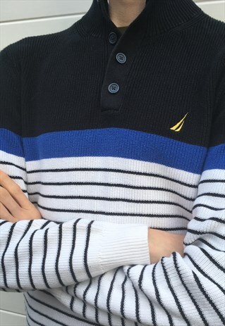 MENS NAUTICA JUMPER WHITE BLUE STRIPY PULLOVER KNIT TOP