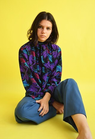 80'S MOD BOHO ABSTRACT PRINT PSYCHEDELIC CROP TOP BLOUSE