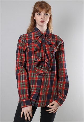VINTAGE 90S RALPH LAUREN TARTAN CHECK RUFFLE BLOUSE
