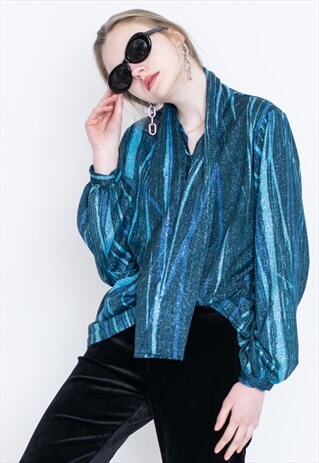 VINTAGE BLUE STRIPED LONG SLEEVE RETRO BLOUSE