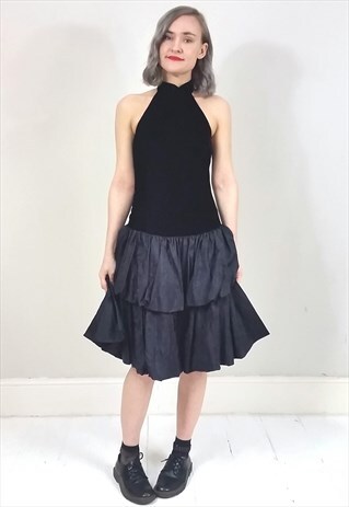 VINTAGE 90'S VELVET HALTER DRESS W/ TIERED RUFFLE SKIRT