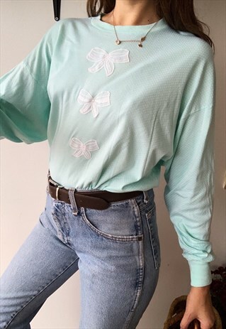 VINTAGE 80S RETRO POLKA DOT SWEATSHIRT JUMPER PULLOVER BLUE