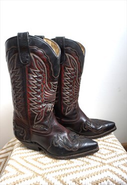 Vintage Brown Genuine Leather Cowboy Western Boots Shoes