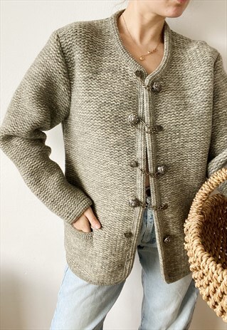 VINTAGE 70S AUSTRIAN CHUNKY KNIT FOLK WOOL CARDIGAN JACKET