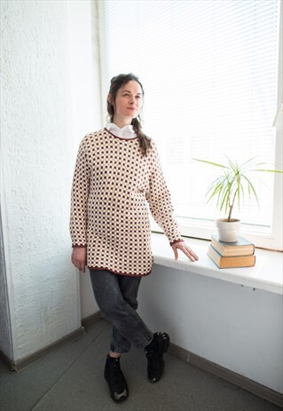 VINTAGE 70'S WHITE/BROWN CHECKED KNITTED JUMPER