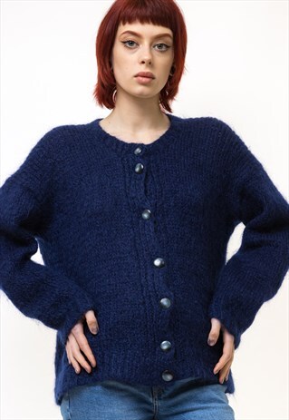 80S VINTAGE NAVY BLUE MOHAIR CASUAL CREW NECK SWEATER 5279