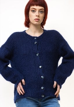 80s Vintage Navy Blue Mohair Casual Crew Neck Sweater 5279