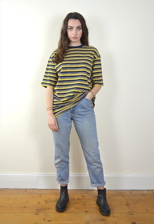 90'S VINTAGE YELLOW & BLUE STRIPED T SHIRT