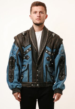 RARE LEATHER/DENIM VINTAGE JEANS STYLE JACKET 15080