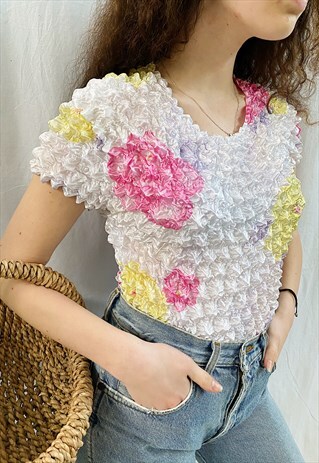 VINTAGE 90S CRINKLED SATIN FLORAL PRINT BLOUSE CROP TOP BOHO