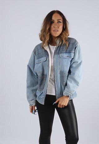 VINTAGE SHERPA DENIM BOMBER JACKET UK S 10 (GJ2N)