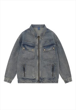 Utility denim jacket multi pocket varsity grunge jean bomber