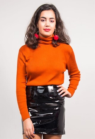 VINTAGE 90'S ORANGE RIBBED ROLL NECK KNIT JUMPER TOP