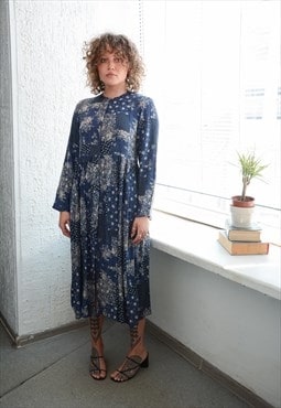 Vintage Bohemian Blue Floral Print Long Sleeved Midi Dress