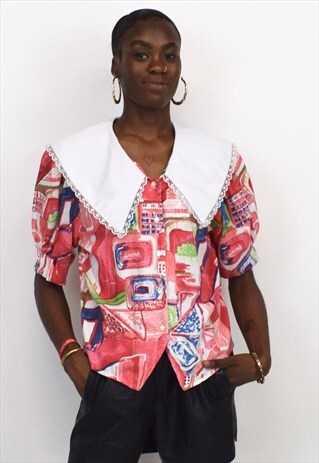 VINTAGE 90S RED PRINTED WHITE BROAD COLLAR BUTTON UP SHIRT