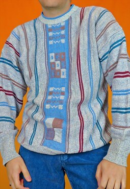 Vintage Funky Striped Knit Abstract Geometric Print Sweater
