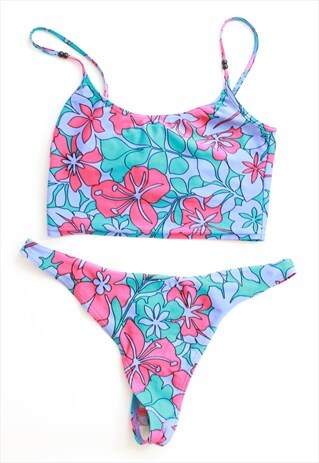 VINTAGE BLUE PINK FLORAL PRINT THONG BIKINI