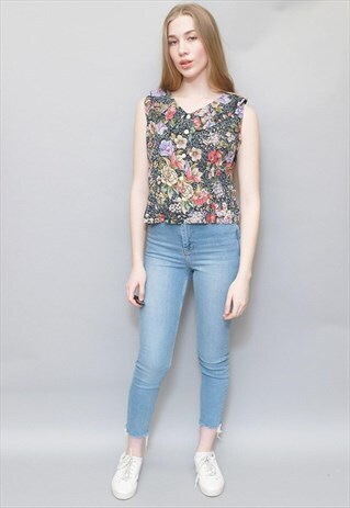VINTAGE 1990'S BLACK FLORAL BUTTON FRONT TOP