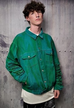 Tie-dye ripped denim jacket  jean coat in fluorescent green