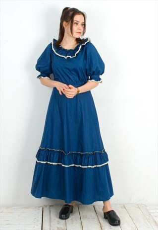 VINTAGE WOMEN'S S M SPANISH TYPE BLUE RUFFLE DRESS LONG